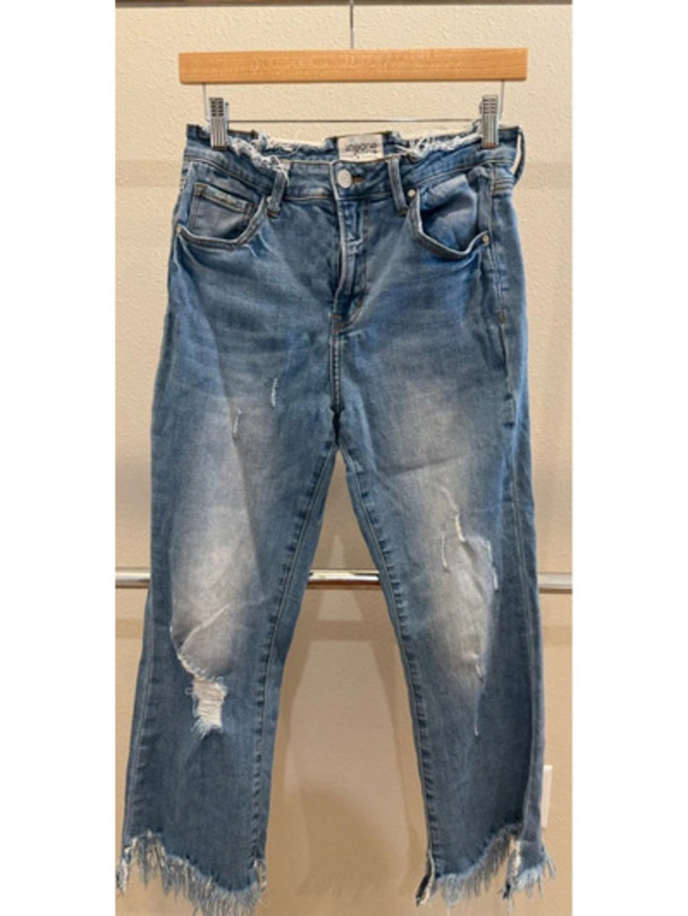 Distressed Blue Jeans Frayed Hem Straight Leg Denim